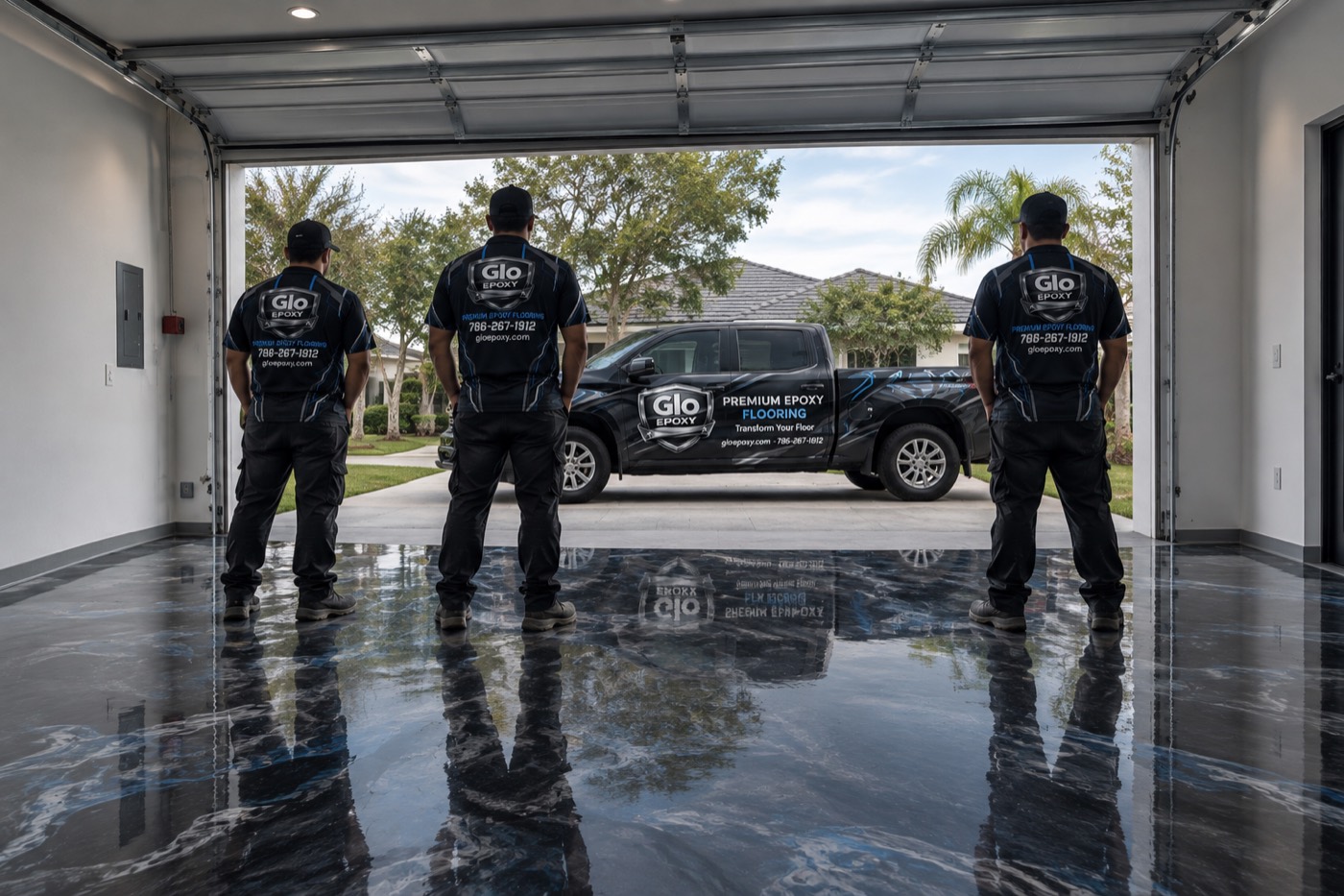 The Glo Epoxy crew and branded truck reflected in a freshly finished dark metallic-blue epoxy garage floor